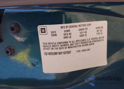 1998 Chevrolet Malibu Ls z USA, uszkodzony, nr VIN 1G1NE52M1WY187997